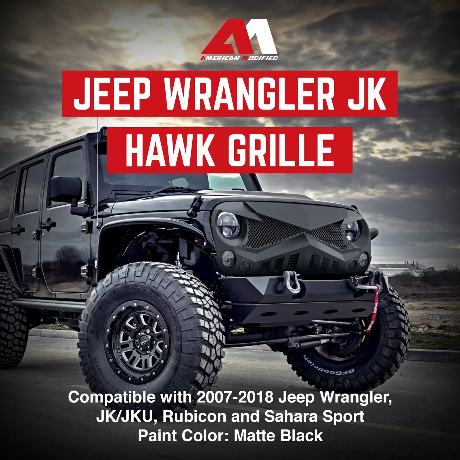 American Modified Front Hawke Grille for 2007 to 2018 Jeep Models, Matte Black - VMInnovations