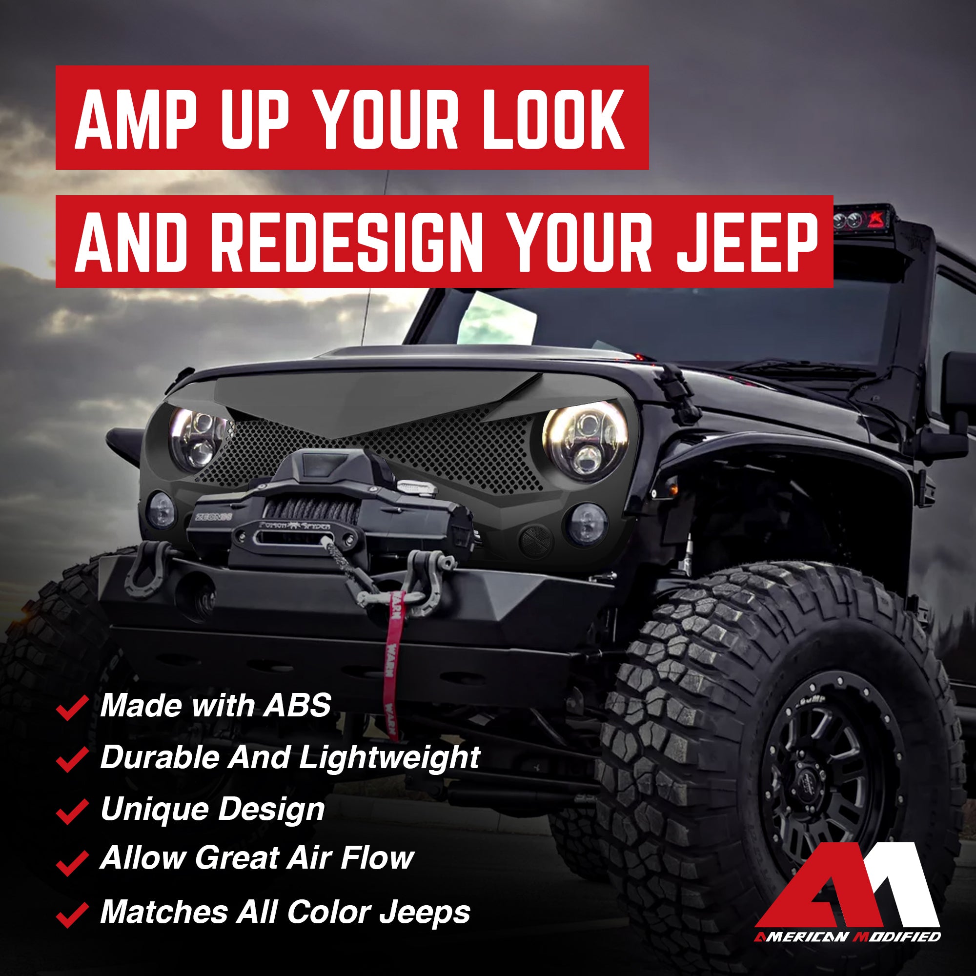 American Modified Hawke Grille for 2007 to 2018 Jeep Models, Matte (Open Box) - VMInnovations
