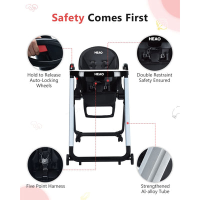 HEAO Adjustable Reclining Toddler Seat Foldable Baby High Chair with Tray, Black - VMInnovations