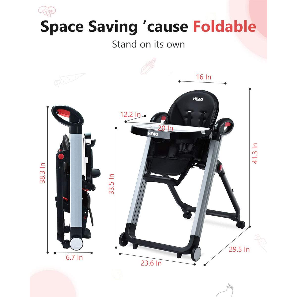 HEAO Adjustable Reclining Toddler Seat Foldable Baby High Chair with Tray, Black - VMInnovations