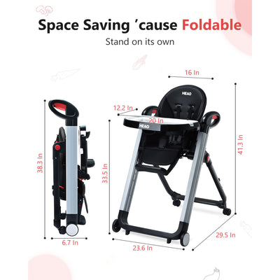 HEAO Adjustable Reclining Toddler Seat Foldable Baby High Chair with Tray, Black - VMInnovations