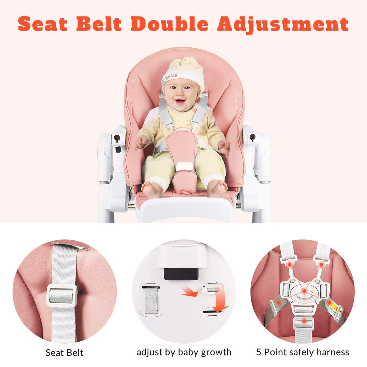 HEAO Adjustable Reclining Foldable Baby High Chair with Rotating Wheels, Pink - VMInnovations