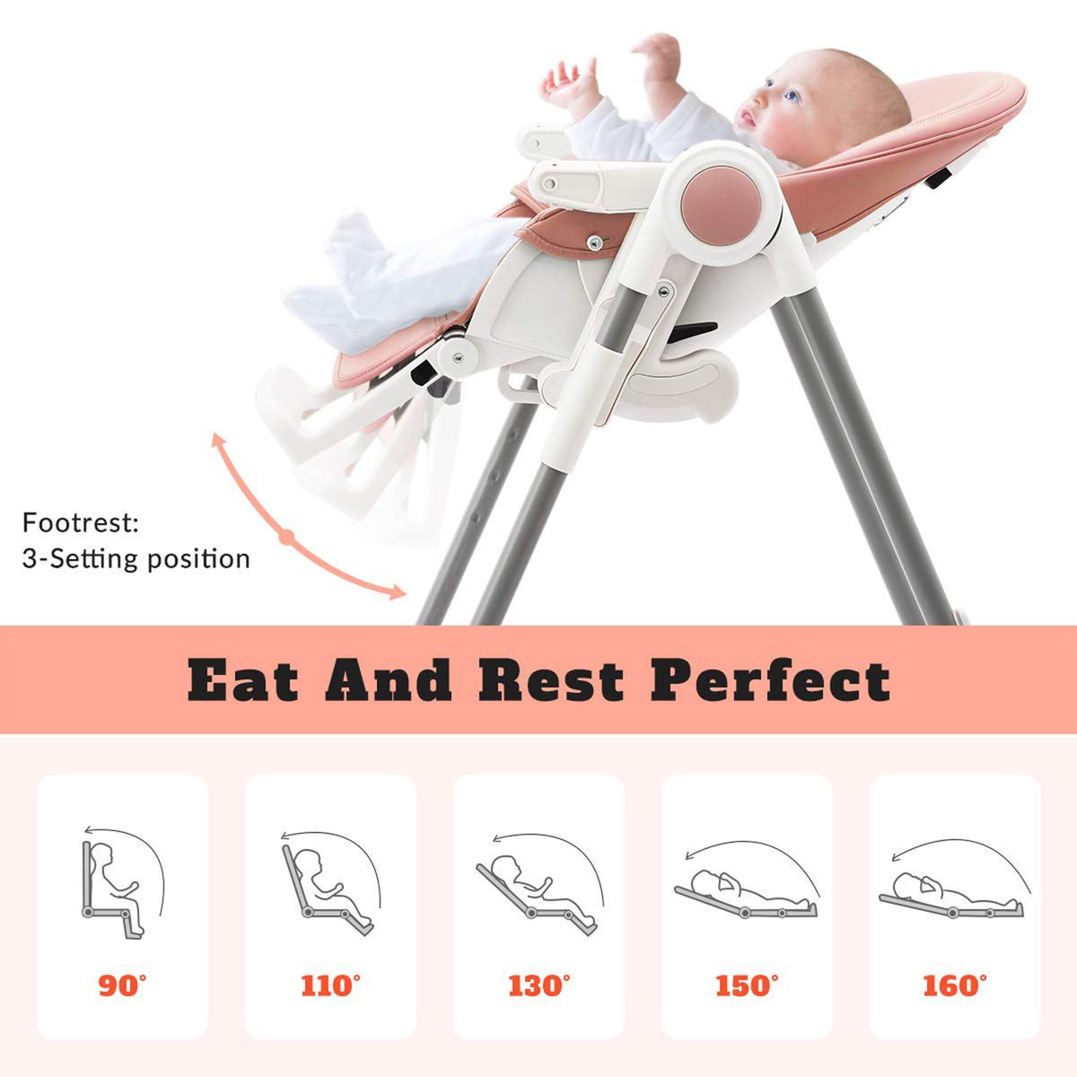 HEAO Adjustable Reclining Foldable Baby High Chair with Rotating Wheels, Pink - VMInnovations
