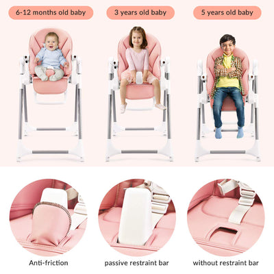 HEAO Adjustable Reclining Foldable Baby High Chair with Rotating Wheels, Pink - VMInnovations