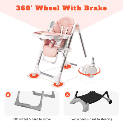 HEAO Adjustable Reclining Foldable Baby High Chair with Rotating Wheels, Pink - VMInnovations