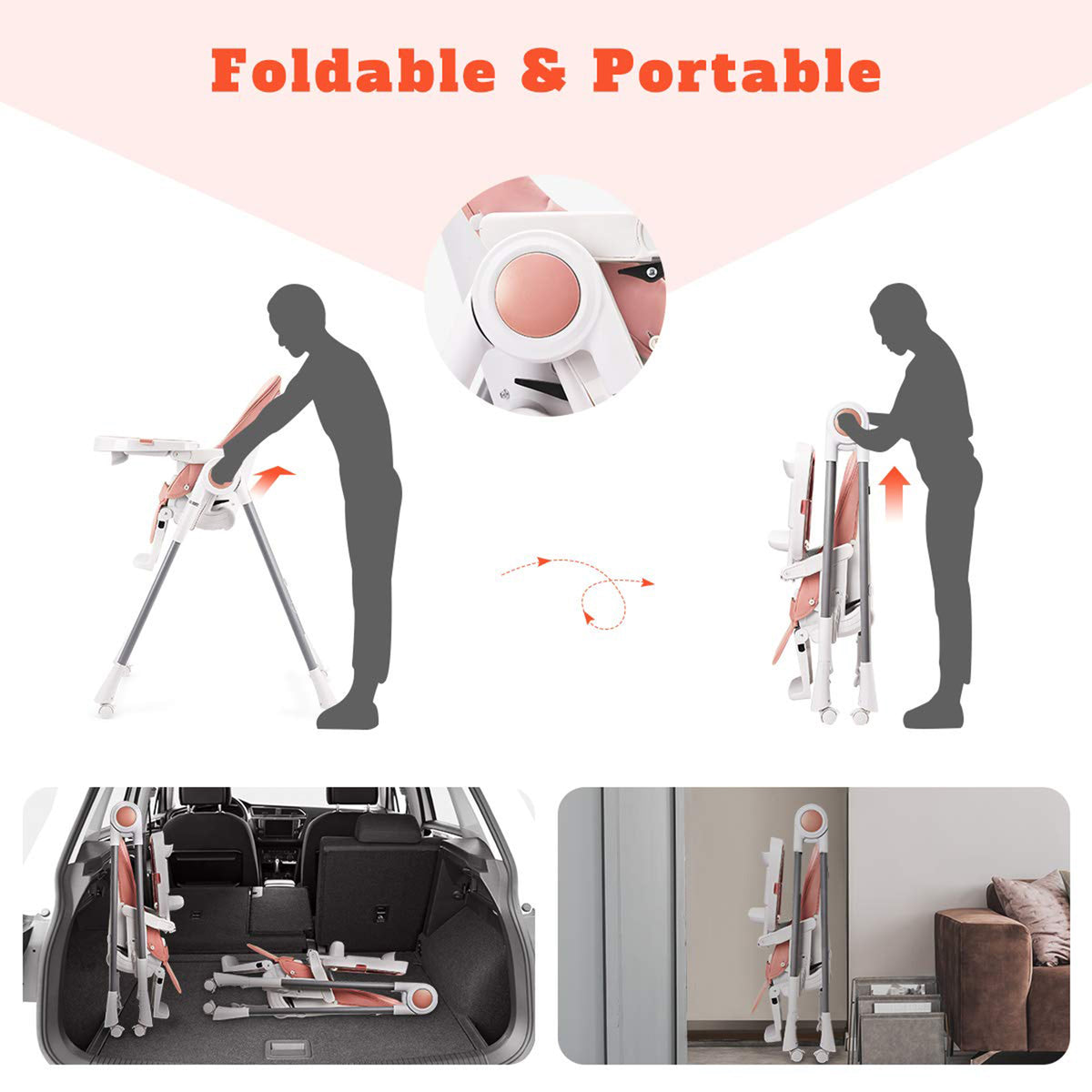 HEAO Adjustable Reclining Foldable Baby High Chair with Rotating Wheels, Pink - VMInnovations