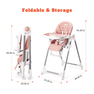 HEAO Adjustable Reclining Foldable Baby High Chair with Rotating Wheels, Pink - VMInnovations