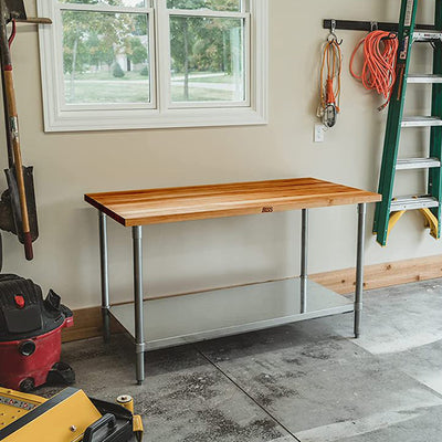 John Boos 60x30in Cherry Wood Top Kitchen Work Table w/Galvanized Base & Shelf