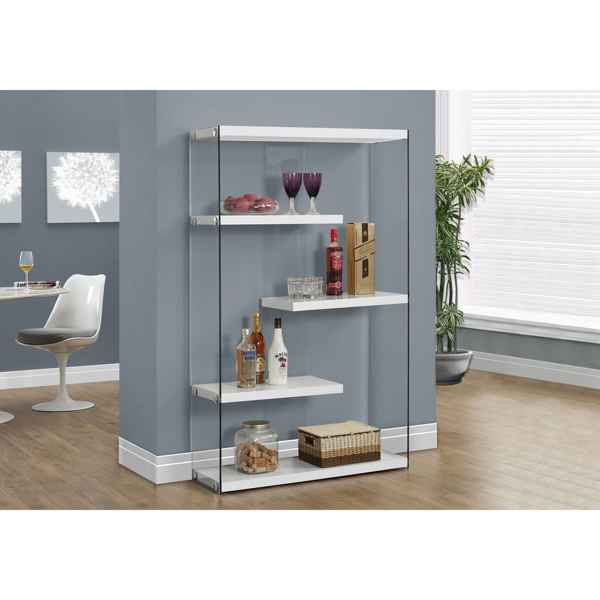 Monarch Specialties 60 Inch Modern Glass Sided Bookcase with 4 Shelves, White
