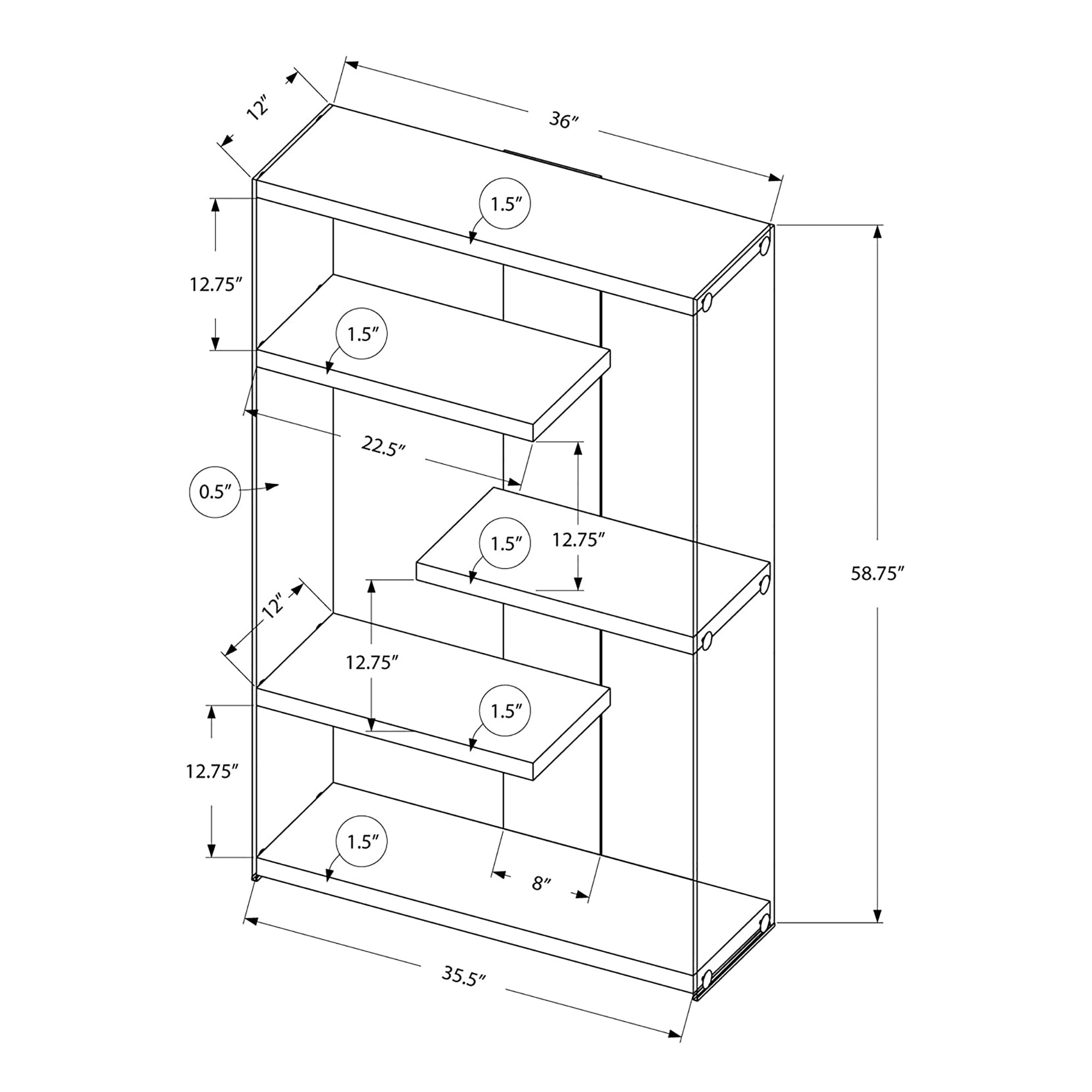 Monarch Specialties 60 Inch Modern Glass Sided Bookcase with 4 Shelves, White