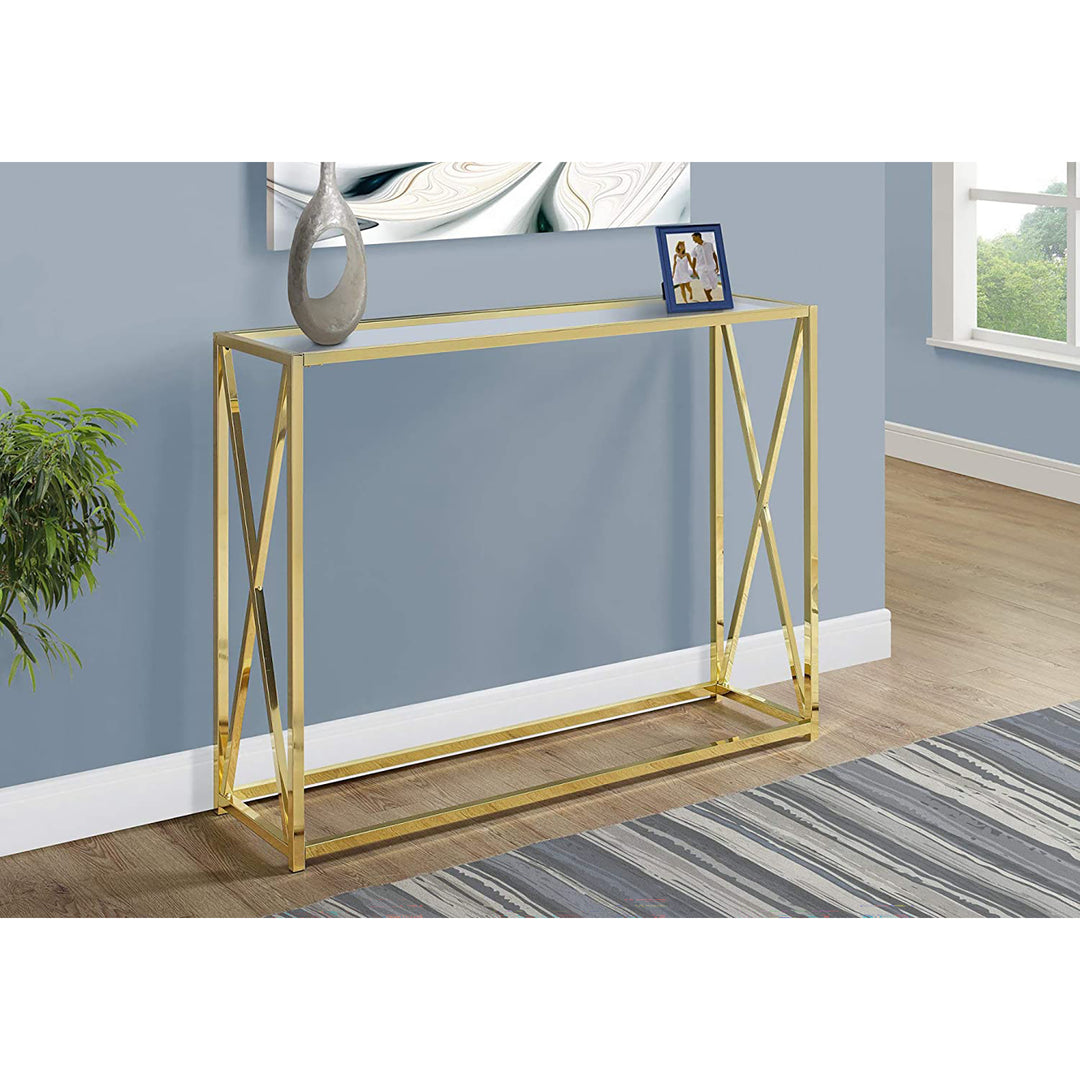 Monarch Specialties 42.25 Inch Modern Glass Top Metal Console Accent Table, Gold