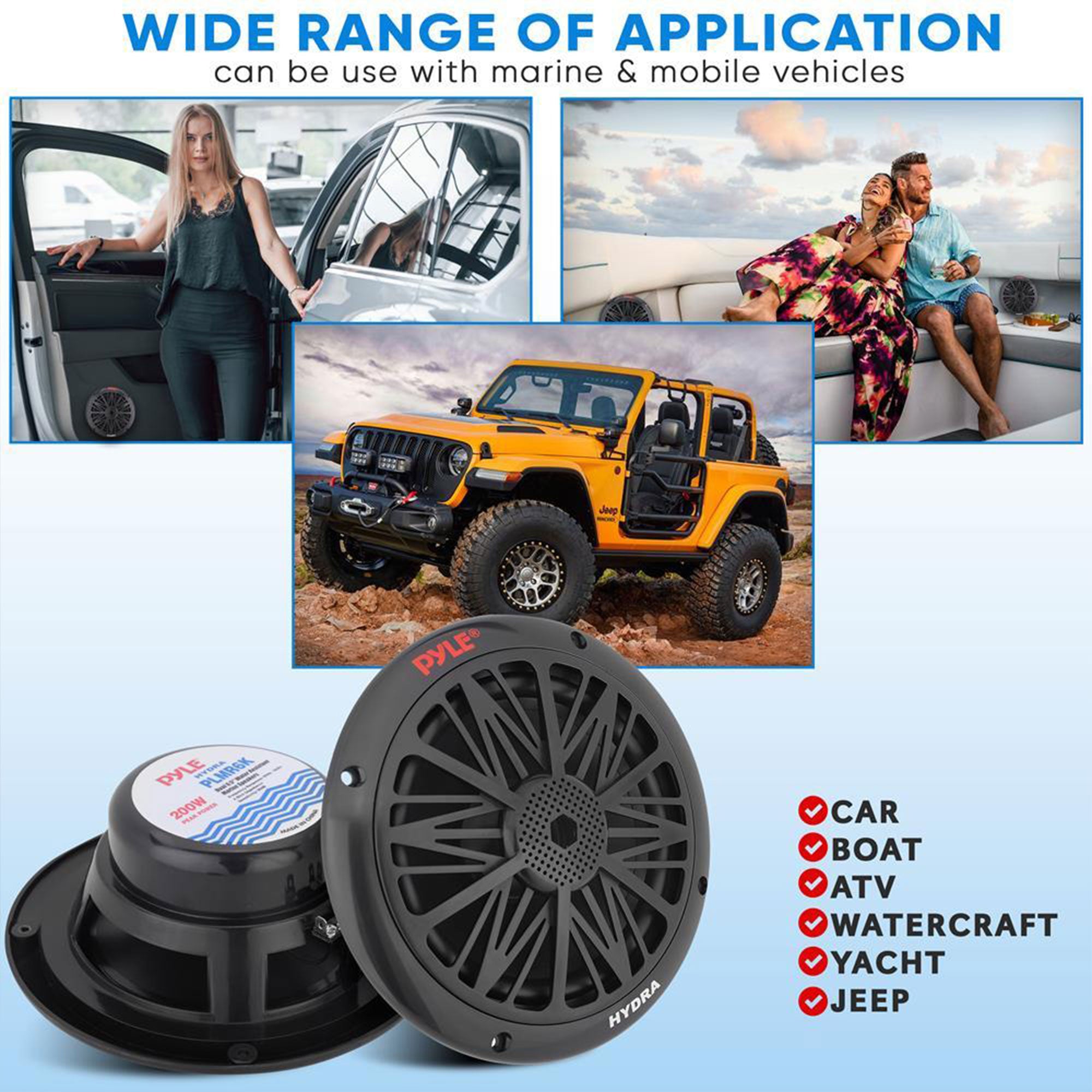 Pyle 6.5" 200 Watt 2-Way Full Range Stereo Marine Speakers, Black, Set(Open Box) - VMInnovations
