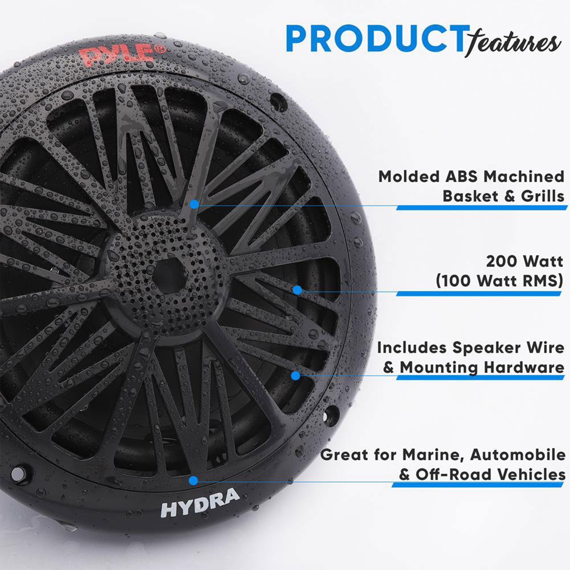 Pyle 6.5" 200 Watt 2-Way Full Range Stereo Marine Speakers, Black, Set(Open Box) - VMInnovations