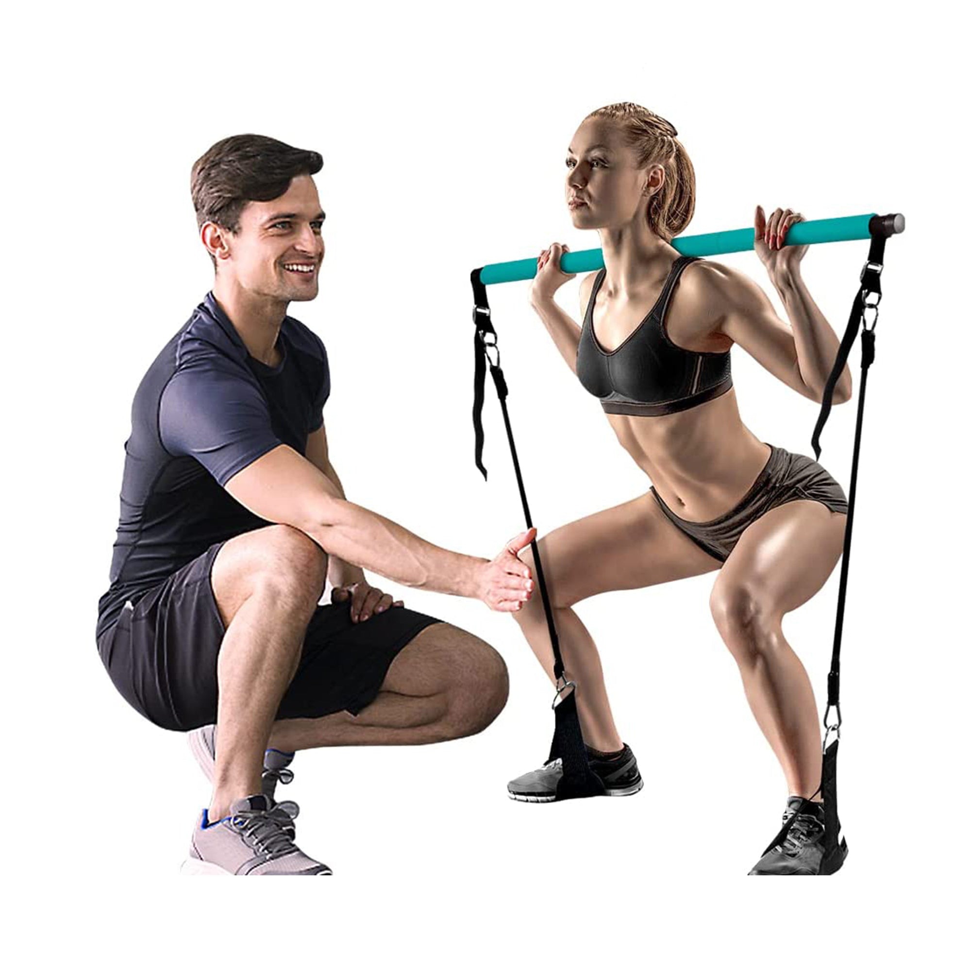 MALOOW Portable Pilates Bar w/ Adjustable Resistance Bands and Travel Bag, Blue