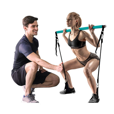 MALOOW Portable Pilates Bar w/ Adjustable Resistance Bands and Travel Bag, Blue