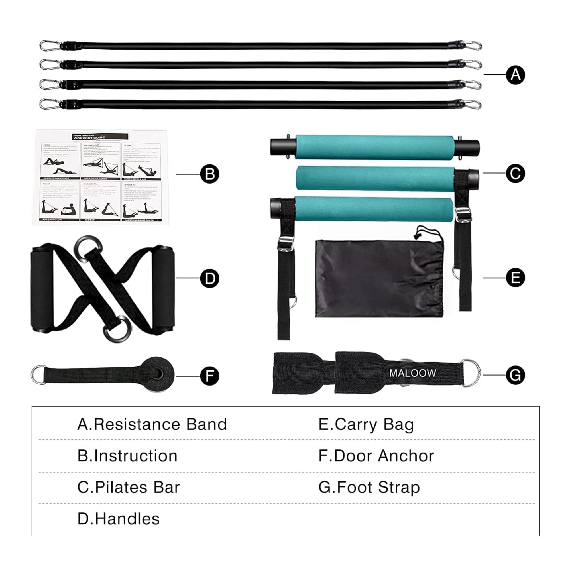 MALOOW Portable Pilates Bar w/ Adjustable Resistance Bands and Travel Bag, Blue
