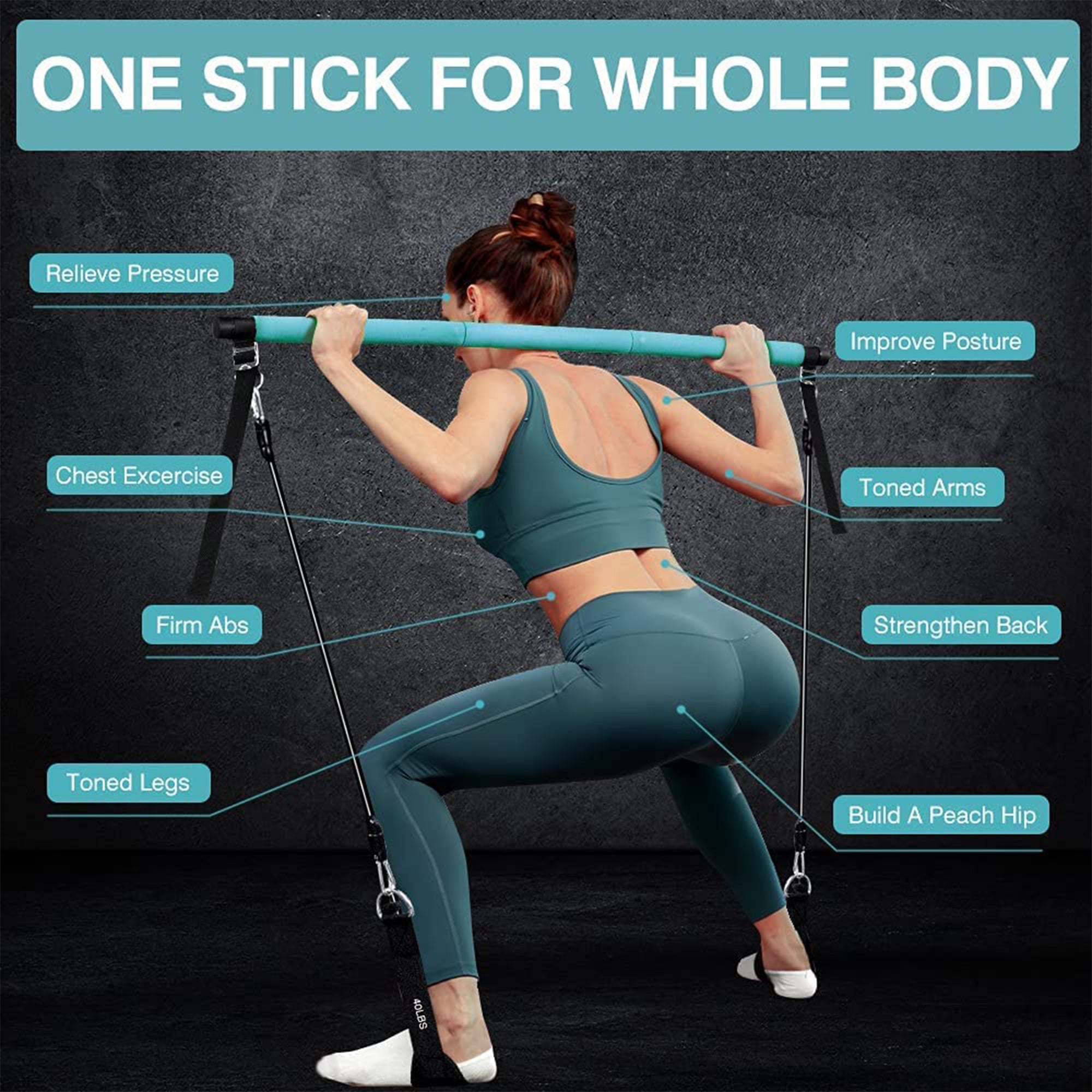 MALOOW Portable Pilates Bar w/ Adjustable Resistance Bands and Travel Bag, Blue