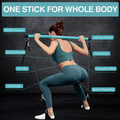 MALOOW Portable Pilates Bar w/ Adjustable Resistance Bands and Travel Bag, Blue