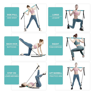 MALOOW Portable Pilates Bar w/ Adjustable Resistance Bands and Travel Bag, Blue