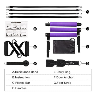Portable Pilates Bar w/ Adjustable Resistance Bands & Travel Bag, Purple (Used)