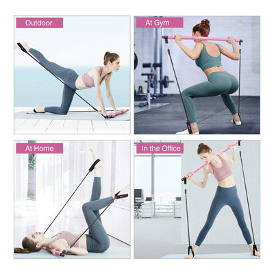 MALOOW Portable Pilates Bar with Resistance Bands & Travel Bag, Pink (Open Box)