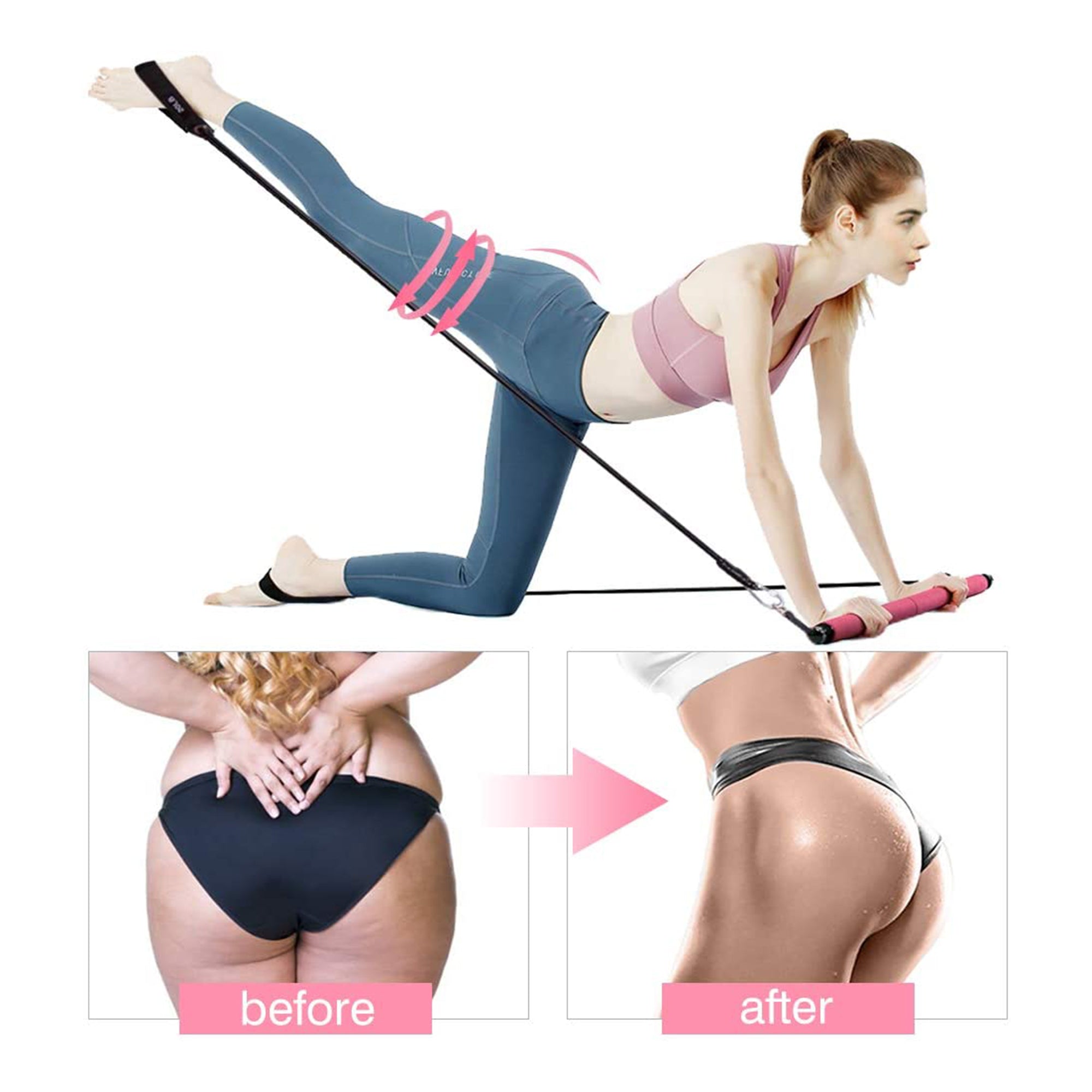 MALOOW Portable Pilates Bar with Resistance Bands & Travel Bag, Pink (Open Box)