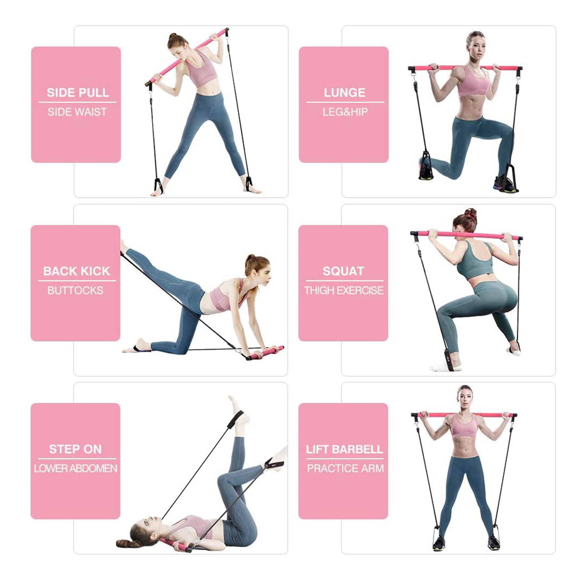 MALOOW Portable Pilates Bar with Resistance Bands & Travel Bag, Pink (Open Box)