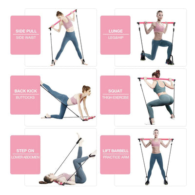 MALOOW Portable Pilates Bar with Resistance Bands & Travel Bag, Pink (Open Box)