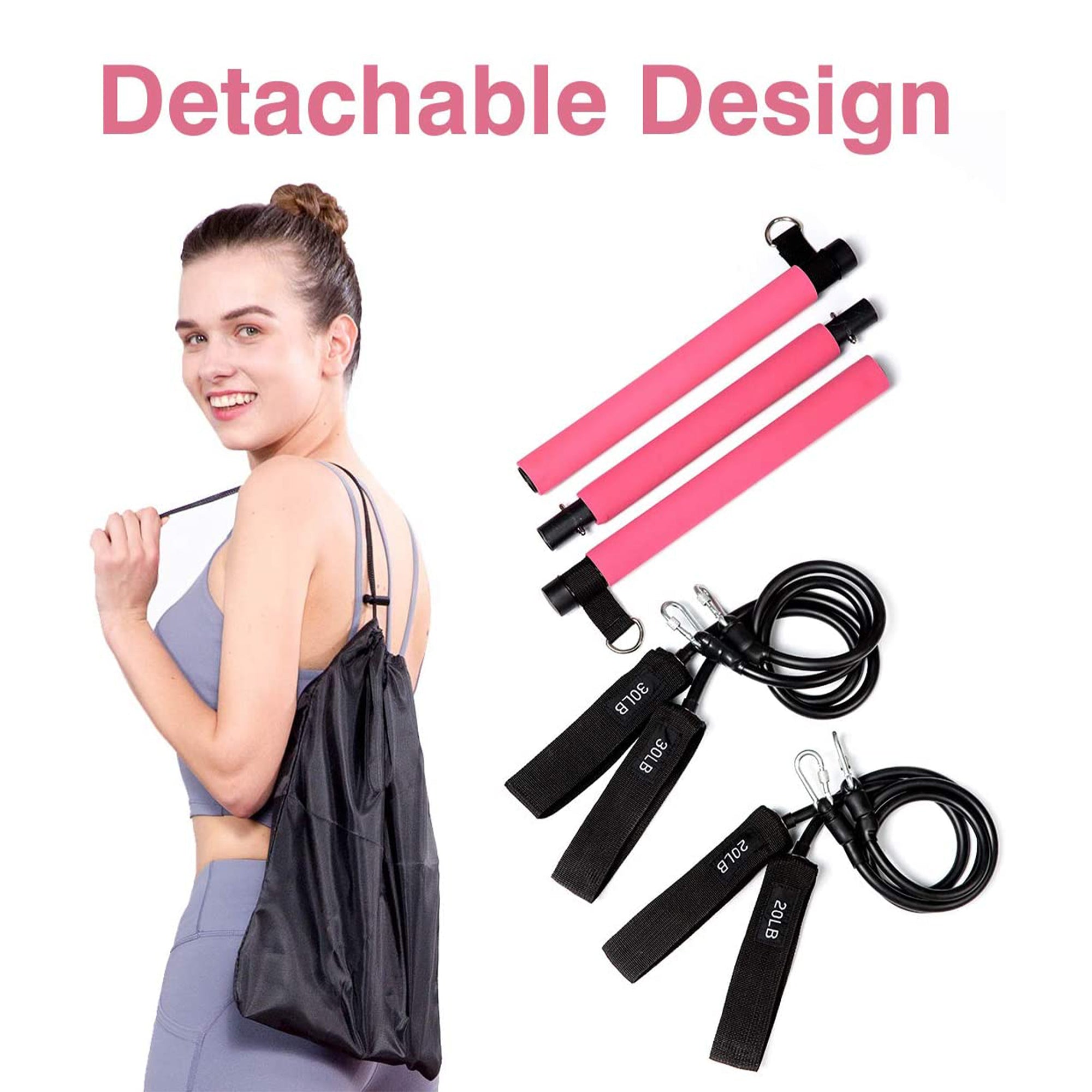 MALOOW Portable Pilates Bar with Resistance Bands & Travel Bag, Pink (Open Box)