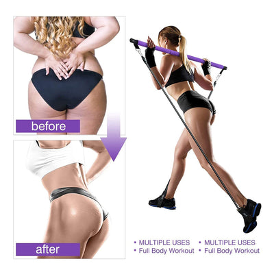 MALOOW Pilates Bar Kit with Adjustable Resistance Bands and Travel Bag, Purple