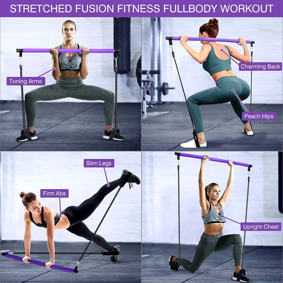MALOOW Pilates Bar Kit with Adjustable Resistance Bands and Travel Bag, Purple