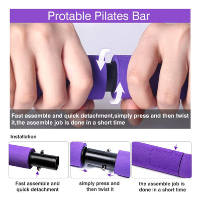 MALOOW Pilates Bar Kit with Adjustable Resistance Bands and Travel Bag, Purple