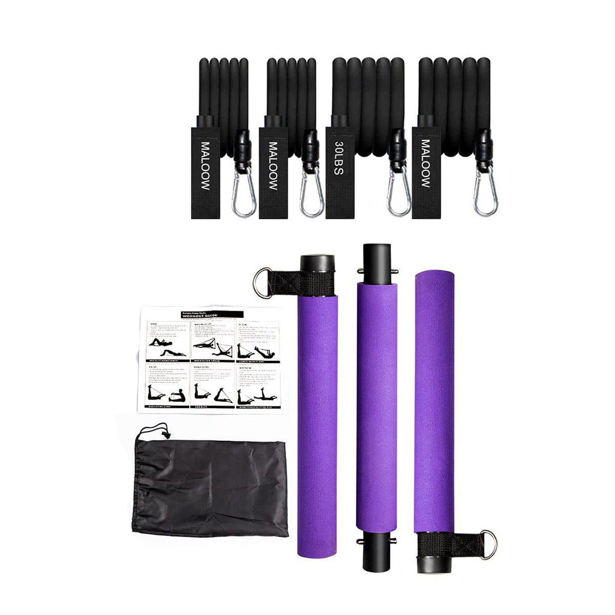 MALOOW Pilates Bar Kit with Adjustable Resistance Bands and Travel Bag, Purple