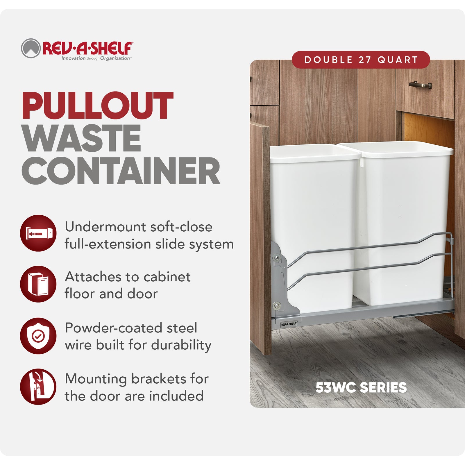 Rev-A-Shelf Double Pullout Trash Can 27 qt. w/ Soft-close, 53WC-1527SCDM-211 - VMInnovations