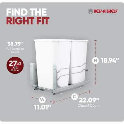 Rev-A-Shelf Double Pullout Trash Can 27 qt. w/ Soft-close, 53WC-1527SCDM-211