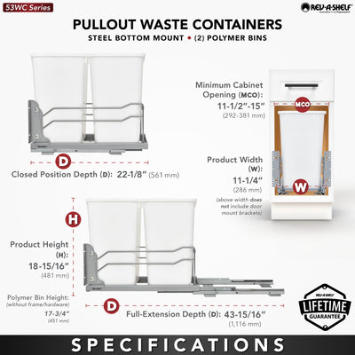 Rev-A-Shelf Double Pull Out Trash Can 27 Qt with Soft-Close, 53WC-1527SCDM-211