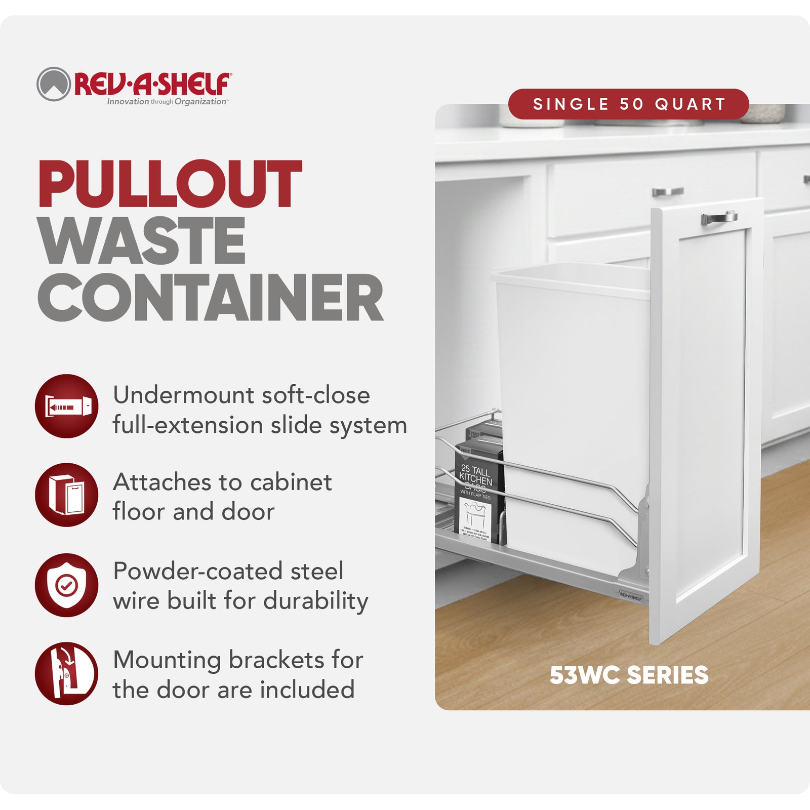 Rev-A-Shelf Pullout Kitchen Trash Can 50 qt. with Soft-close, 53WC-1550SCDM-111 - VMInnovations