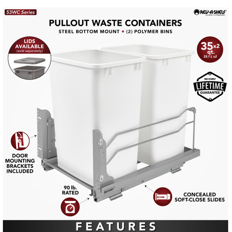 Rev-A-Shelf Double Pull Out Trash Can 35 Qt with Soft-Close, 53WC-1835SCDM-211