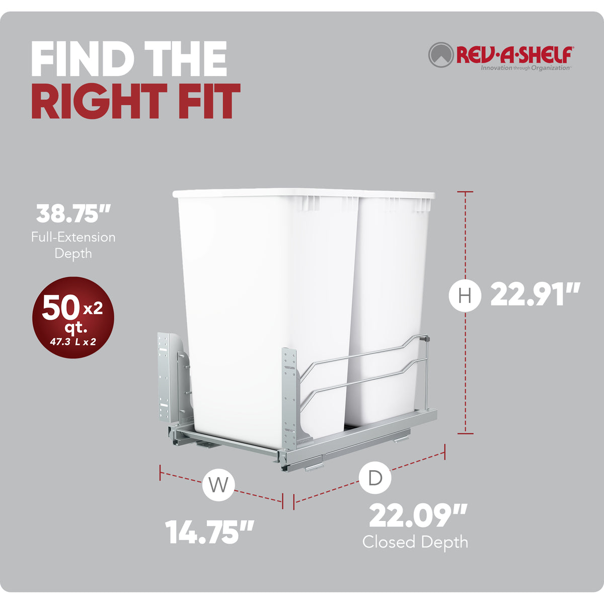 Rev-A-Shelf Double Pullout Trash Cans 50 qt. with Soft-close, 53WC-2150SCDM-211