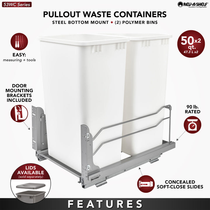 Rev-A-Shelf Double Pullout Trash Cans 50 qt. with Soft-close, 53WC-2150SCDM-211