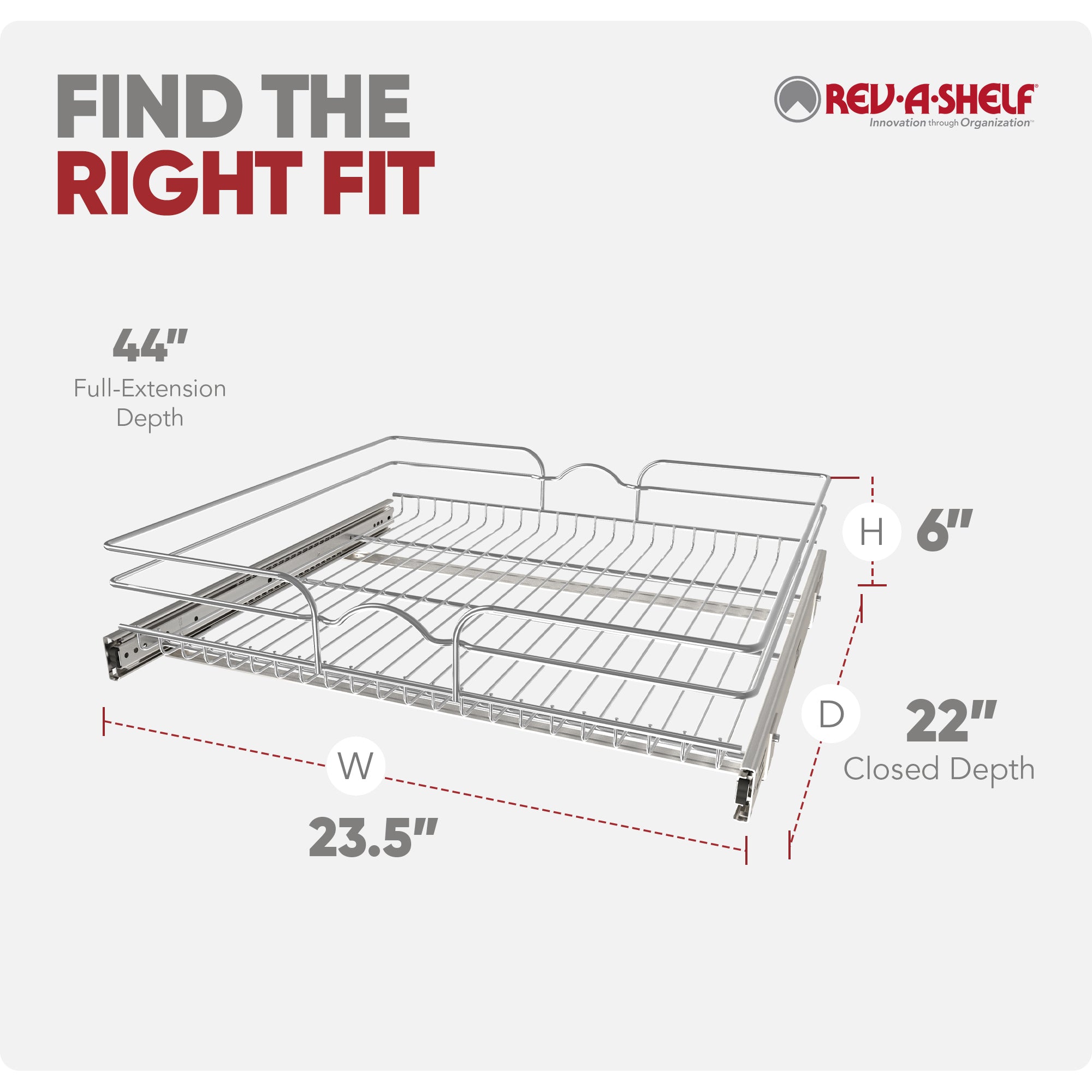 Rev-A-Shelf Pullout Single Basket Organizer for Kitchen Cabinets, 24 x 22 In, 5WB1-2422CR-1