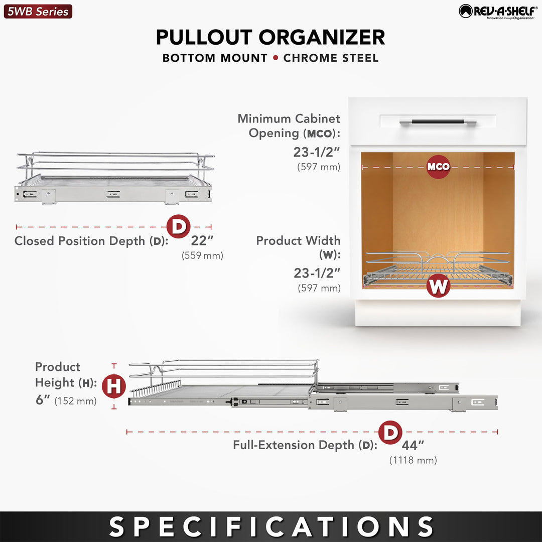 Rev-A-Shelf Pullout Single Basket Organizer for Kitchen Cabinets, 24 x 22 In, 5WB1-2422CR-1