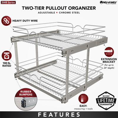 Rev-A-Shelf Pullout 2-Tier Basket Organizer for Kitchen or Vanity Cabinets, 24 x 22 In, 5WB2-2422-CR-1