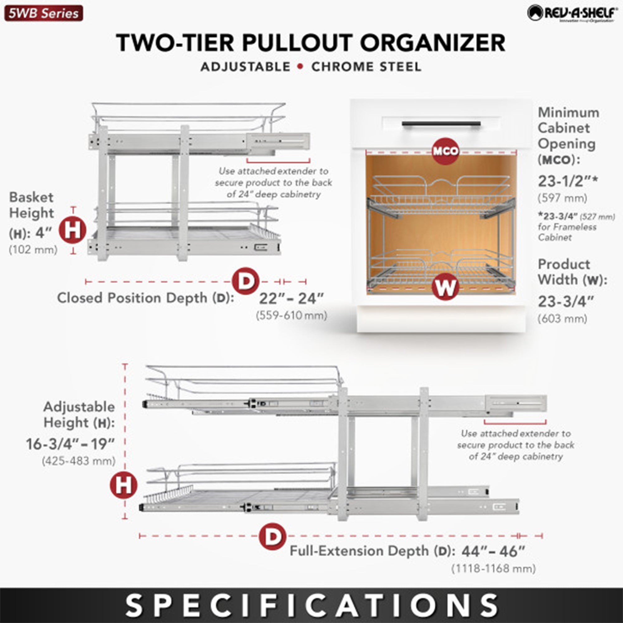Rev-A-Shelf Pullout 2-Tier Basket Organizer for Kitchen or Vanity Cabinets, 24 x 22 In, 5WB2-2422-CR-1