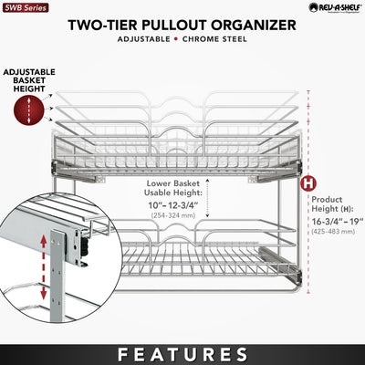 Rev-A-Shelf Pullout 2-Tier Basket Organizer for Kitchen or Vanity Cabinets, 24 x 22 In, 5WB2-2422-CR-1
