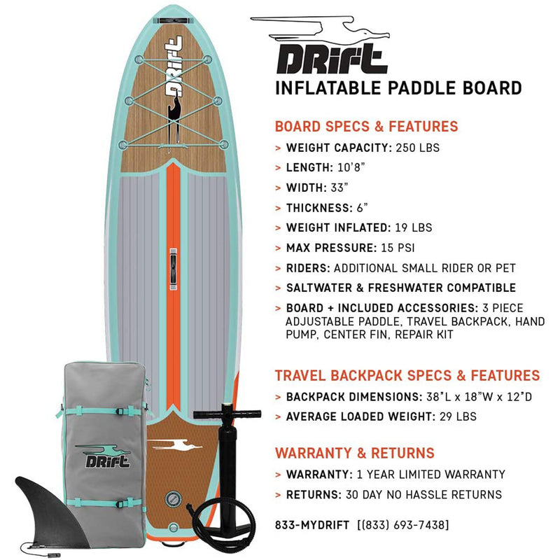 BOTE Drift 10.8in Inflatable Stand Up Paddle Board SUP w/Accessories, Classic