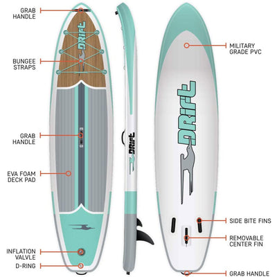 Drift 11.6 Foot Inflatable Stand Up Paddle Board SUP w/Accessories, Classic