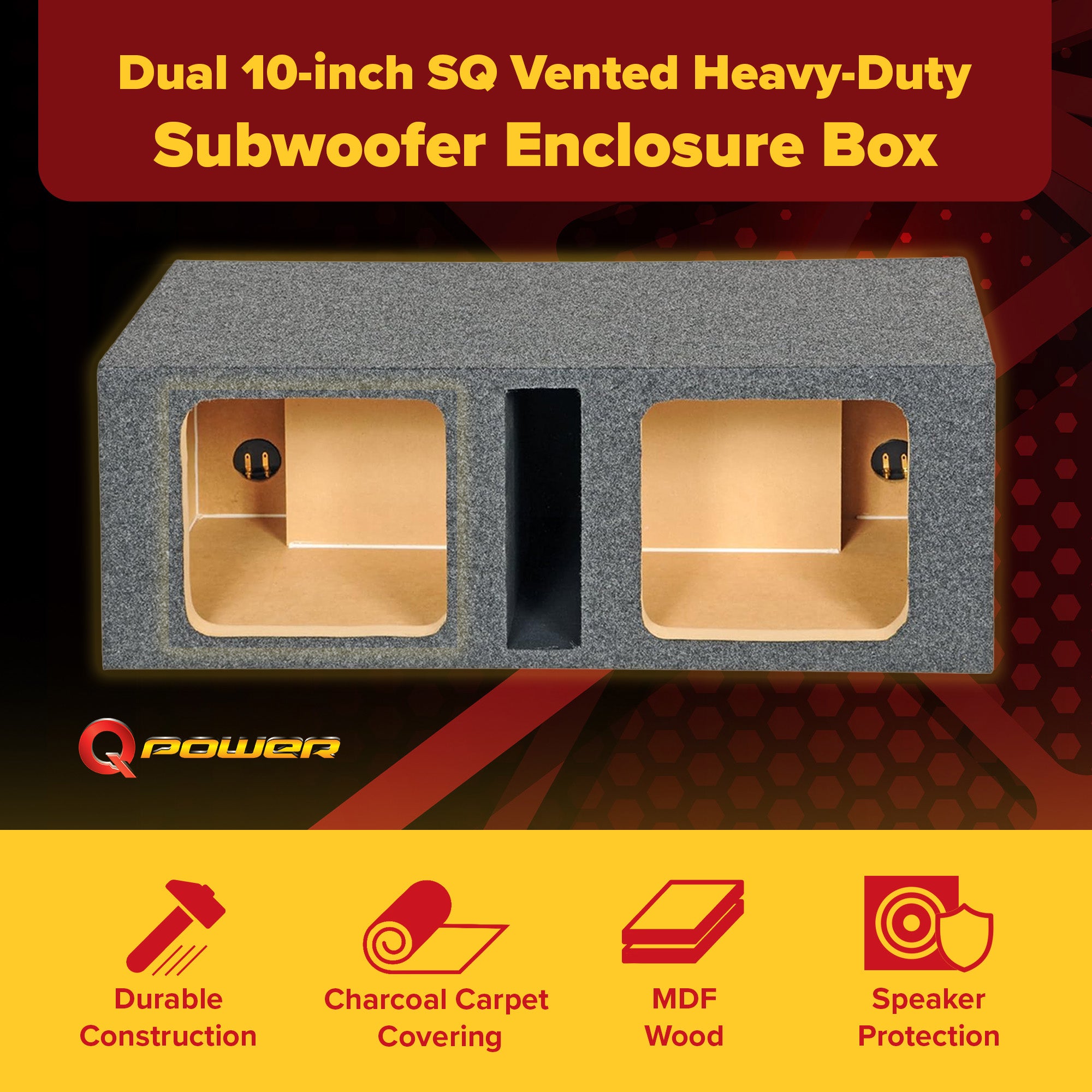 Q Power 10in Vented Heavy Duty Subwoofer Enclosure with 2 Square Holes(Open Box)