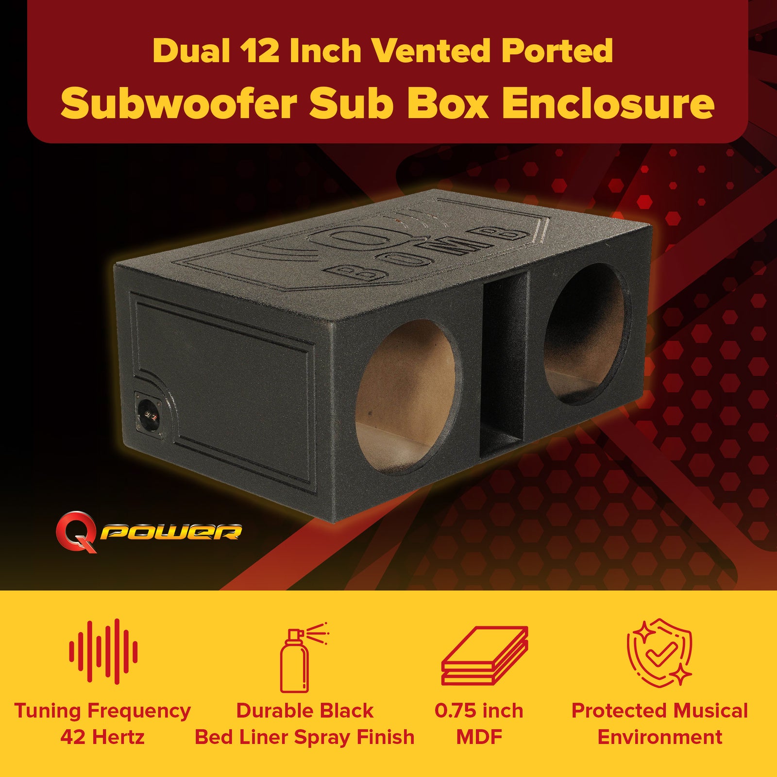 Q-POWER QBOMB12VL 12" Dual Vented Ported Car Subwoofer Sub Box Enclosure (Used) - VMInnovations