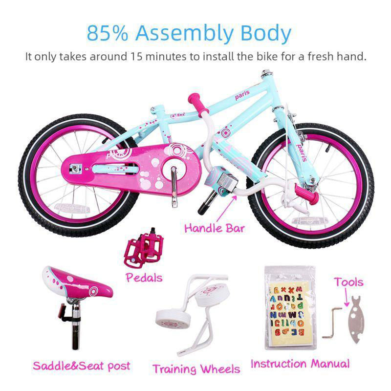 JOYSTAR Paris Kids Bike for Girls Ages 2-4 w/ Training Wheels, 12", Blue/Pink